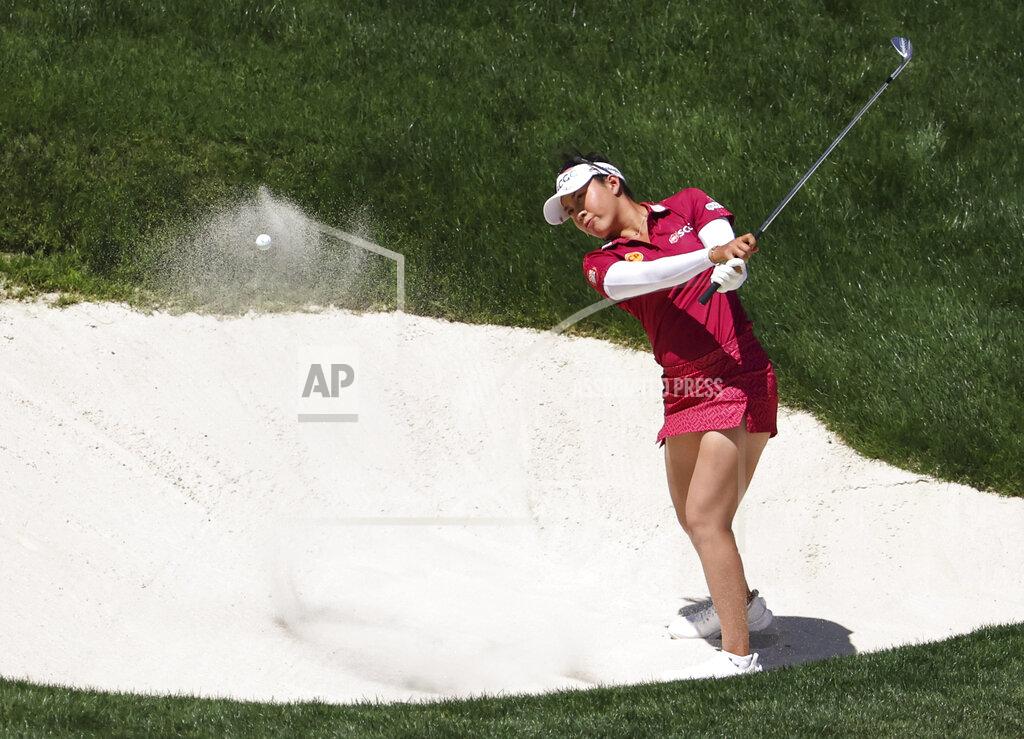 Chase Stevens Atthaya Thitikul hits out from a bunker on the ninth hole during the second day of round-robin play in the Bank of Hope LPGA Match-Play golf tournament at Shadow Greek on Thursday, May 26, 2022, in North Las Vegas, Nev. (Chase Stevens/Las Vegas Review-Journal via AP)