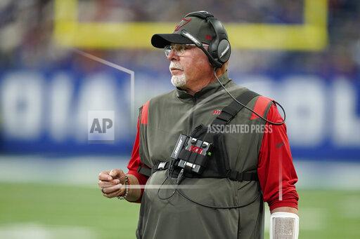 Tampa Bay Buccaneers head coach Bruce Arians looks on during the first half of an NFL football game against the Indianapolis Colts, Sunday, Nov. 28, 2021, in Indianapolis. (AP Photo/Michael Conroy)