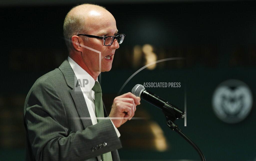 David Zalubowski Joe Parker, athletic director at Colorado State University, makes a point during an announcement that Steve Addazio has been hired as the new head football coach at the school at a news conference at the school Thursday, Dec. 12, 2019, in Fort Collins, Colo. (AP Photo/David Zalubowski)