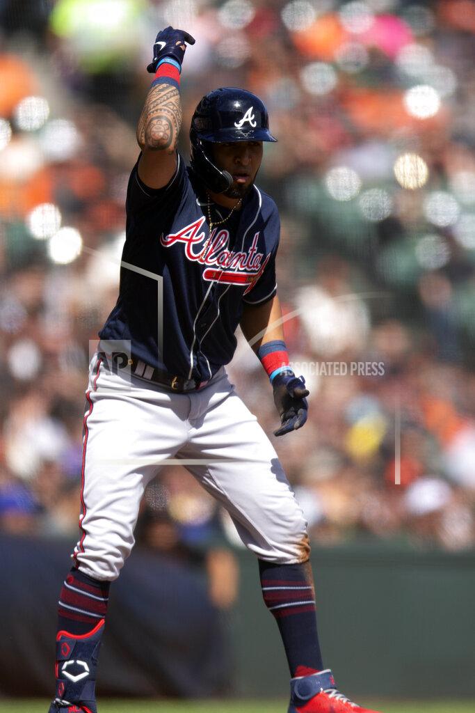 D. Ross Cameron Atlanta Braves' Eddie Rosario gestures after hitting a triple against the San Francisco Giants during the fifth inning of a baseball game, Sunday, Sept. 19, 2021, in San Francisco. (AP Photo/D. Ross Cameron)