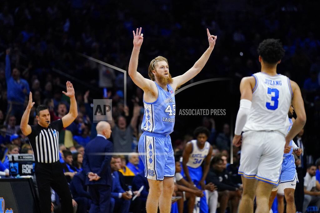 Matt Rourke North Carolina's Brady Manek (45) reacts after a basket during the first half of a college basketball game against UCLA in the Sweet 16 round of the NCAA tournament, Friday, March 25, 2022, in Philadelphia. (AP Photo/Matt Rourke)