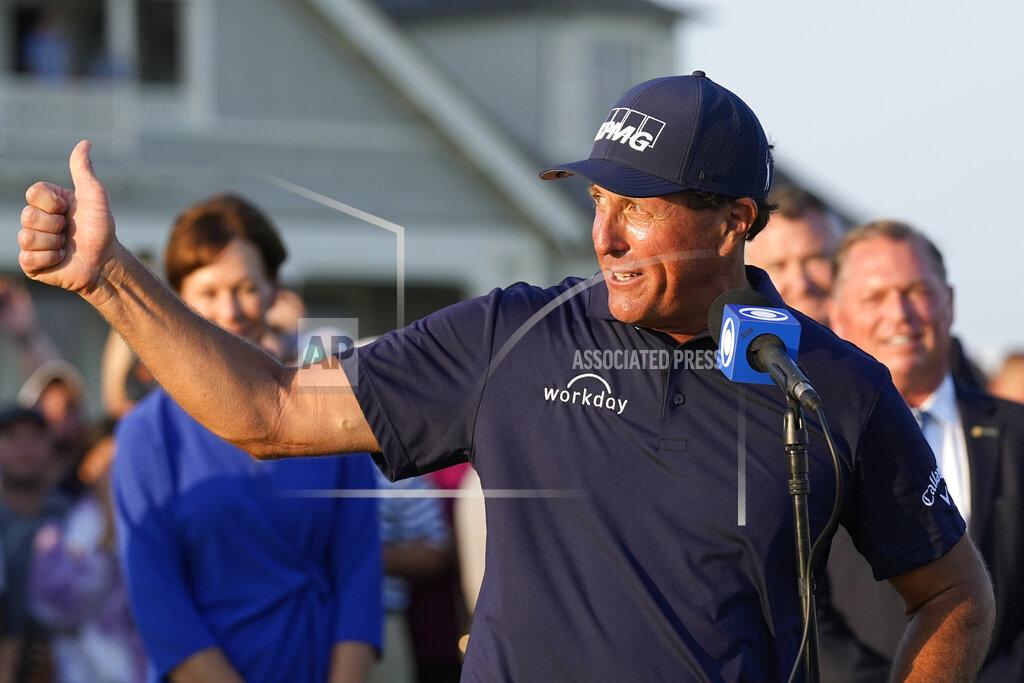 David J. Phillip FILE - Phil Mickelson speaks after winning the PGA Championship golf tournament on the Ocean Course, May 23, 2021, in Kiawah Island, S.C. Mickelson has not been heard from in three months. It is uncertain if he will defend his title at Southern Hills on May 19-22. (AP Photo/David J. Phillip, File)