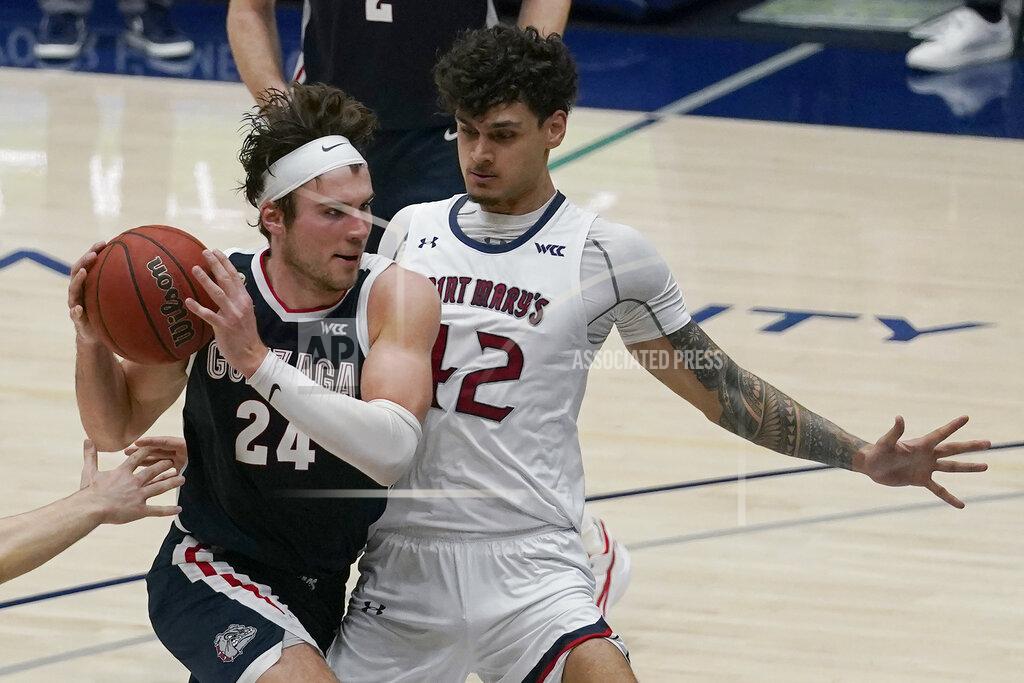 Jeff Chiu Gonzaga forward Corey Kispert (24) drives against Saint Mary's forward Dan Fotu during the second half of an NCAA college basketball game in Moraga, Calif., Saturday, Jan. 16, 2021. (AP Photo/Jeff Chiu)