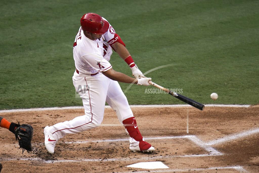 Jae C. Hong Los Angeles Angels' Mike Trout hits a double during the first inning of the first baseball game of a doubleheader against the Houston Astros, Saturday, Sept. 5, 2020, in Anaheim, Calif. (AP Photo/Jae C. Hong)