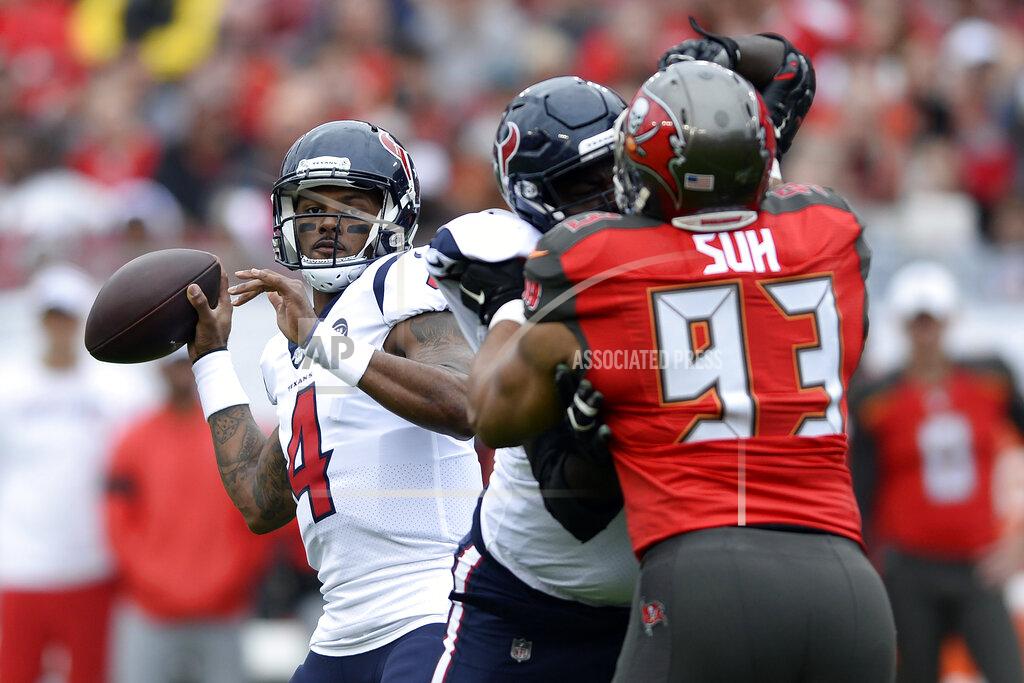 Jason Behnken Houston Texans quarterback Deshaun Watson (4) throws a pass against the Tampa Bay Buccaneers during the first half of an NFL football game Saturday, Dec. 21, 2019, in Tampa, Fla. (AP Photo/Jason Behnken)