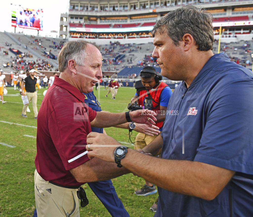 Thomas Graning Louisiana Monroe head coach Matt Viator and Mississippi head coach Matt Luke shake hands after an NCAA college football game in Oxford, Miss., Saturday, Oct. 6, 2018. Mississippi won 70-21. (AP Photo/Thomas Graning)