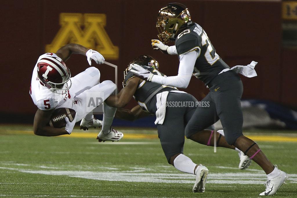Stacy Bengs Indiana wide receiver J-Shun Harris II is tackled by Minnesota's defensive back Coney Durr during an NCAA college football game Friday, Oct. 26, 2018, in Minneapolis. (AP Photo/Stacy Bengs)
