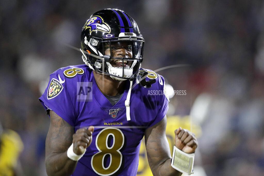 Marcio Jose Sanchez Baltimore Ravens quarterback Lamar Jackson celebrates after throwing a touchdown pass against the Los Angeles Rams during the first half of an NFL football game Monday, Nov. 25, 2019, in Los Angeles. (AP Photo/Marcio Jose Sanchez)