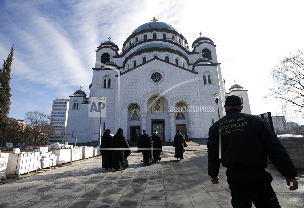 Darko Vojinovic Serbian Orthodox Church bishops arrive in the St. Sava temple before church closed session in Belgrade, Serbia, Thursday, Feb. 18, 2021. The Serbian Orthodox Church gathers in closed session to pick a new Patriarch, following the death of old one Irinej. Irinej died last year of COVID, following the outbreak of virus among church officials in Belgrade. (AP Photo/Darko Vojinovic)