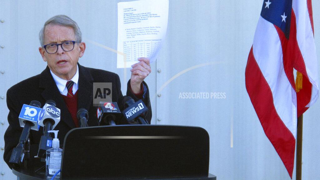 Andrew Welsh Huggins FILE - In this Nov. 18, 2020 file photo, Republican Ohio Gov. Mike DeWine discusses the most recent data on Ohio's soaring coronavirus cases during a news briefing at John Glenn International Airport on in Columbus, Ohio. State lawmakers across the country will be convening in 2021 with the continuing COVID-19 pandemic rippling through much of their work — and even affecting the way they work. After 10 months of emergency orders and restrictions from governors and local executive officials, some state lawmakers are eager to reassert their power over statewide decisions shaping the way people shop, work, worship and attend school. (AP Photo/Andrew Welsh-Huggins, File)