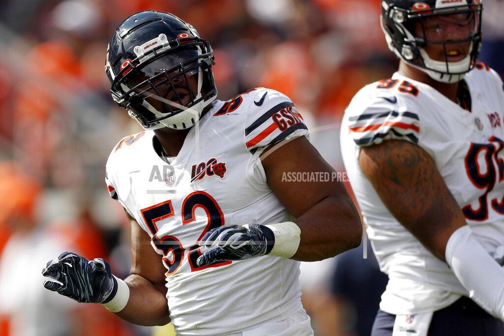 David Zalubowski Chicago Bears outside linebacker Khalil Mack (52) celebrates his sack against the Denver Broncos during the first half of an NFL football game, Sunday, Sept. 15, 2019, in Denver. (AP Photo/David Zalubowski)