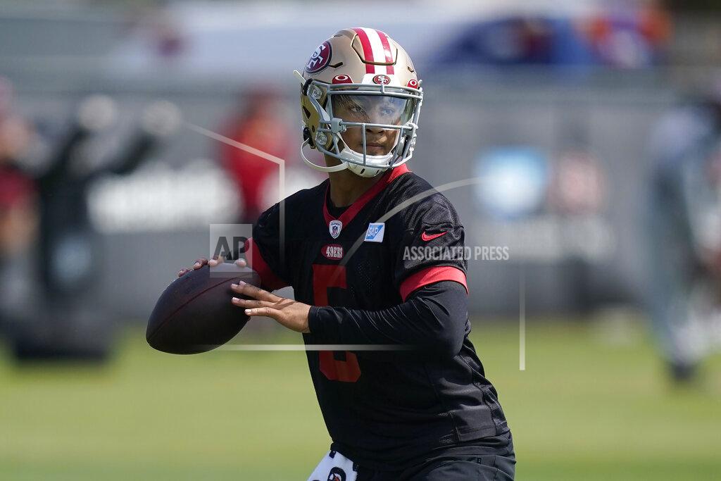 Jeff Chiu San Francisco 49ers quarterback Trey Lance (5) takes part in drills at the NFL football team's practice facility in Santa Clara, Calif., Saturday, July 30, 2022. (AP Photo/Jeff Chiu)