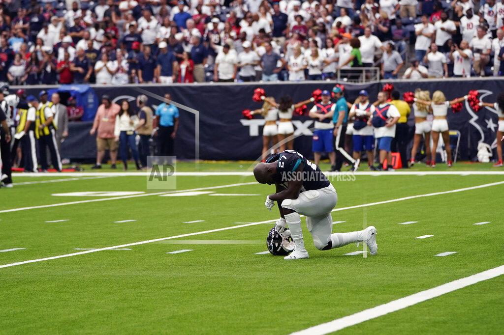 Jacksonville Jaguars running back Leonard Fournette (27) reacts after he was held short of the goal line on a two-point conversion attempt against the Houston Texans during the second half of an NFL football game Sunday, Sept. 15, 2019, in Houston. (AP Photo/David J. Phillip)