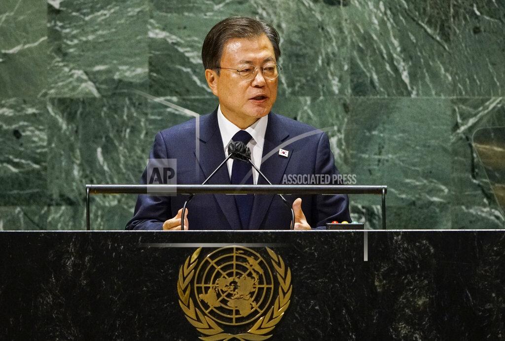 Eduardo Munoz South Korea's President Moon Jae-in addresses the 76th session of the United Nations General Assembly, Tuesday, Sept. 21, 2021 at UN headquarters. (Eduardo Munoz/Pool Photo via AP)