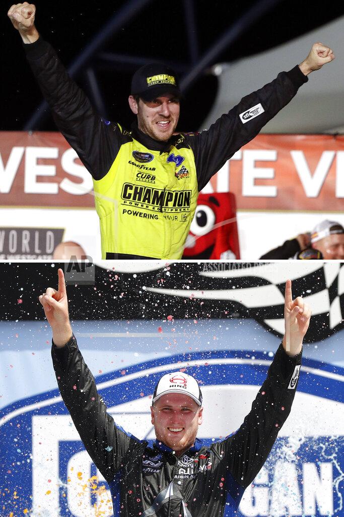 Uncredited FILE - At top, in a Sept. 14, 2018, file photo, Grant Enfinger celebrates after winning a NASCAR Truck Series auto race at Las Vegas Motor Speedway in Las Vegas. Bottom, in an Aug. 10, 2019, file photo, Austin Hill celebrates winning a NASCAR Truck Series race at Michigan International Speedway in Brooklyn, Mich. Brett Moffitt, Ross Chastain, Austin Hill, Johnny Sauter, Stewart Friesen, Tyler Ankrun, Grant Enfinger and Matt Crafton are competing in the NASCAR Truck Series playoffs.(AP Photo/File)