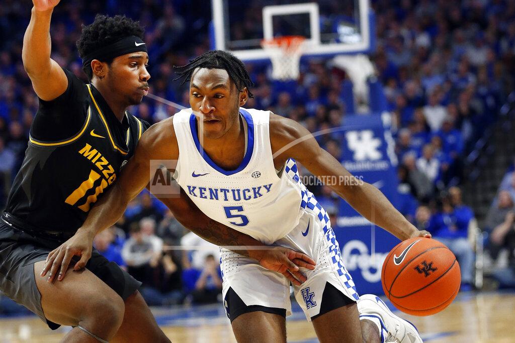 James Crisp Kentucky's Immanuel Quickley (5) drives on Missouri's Mario McKinney Jr. (11) during the second half of an NCAA college basketball game in Lexington, Ky., Saturday, Jan 4, 2020. Kentucky won 71-59. (AP Photo/James Crisp)