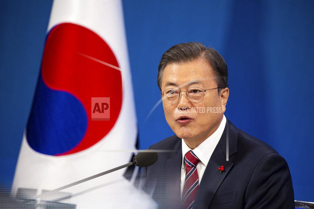 Jeon Heon-Kyun South Korean President Moon Jae-in speaks during an on-line New Year press conference with local and foreign journalists at the Presidential Blue House in Seoul, South Korea Monday, Jan. 18, 2021. (Jeon Heon-kyun/Pool Photo via AP)