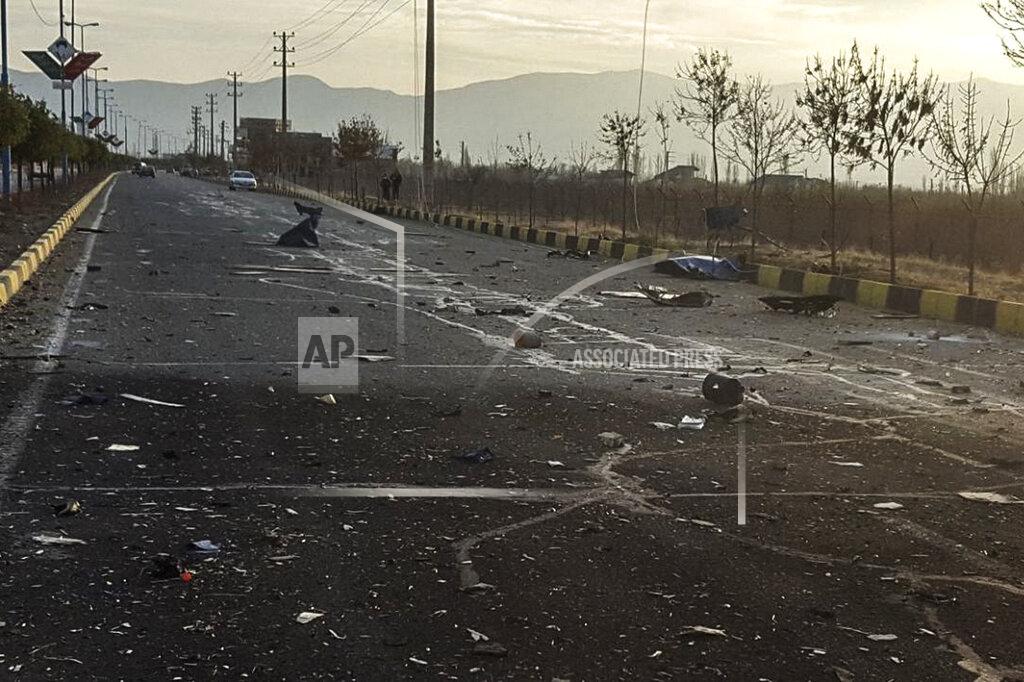 Uncredited This photo released by the semi-official Fars News Agency shows the scene where Mohsen Fakhrizadeh was killed in Absard, a small city just east of the capital, Tehran, Iran, Friday, Nov. 27, 2020. Fakhrizadeh, an Iranian scientist that Israel alleged led the Islamic Republic's military nuclear program until its disbanding in the early 2000s was “assassinated” Friday, state television said. (Fars News Agency via AP)