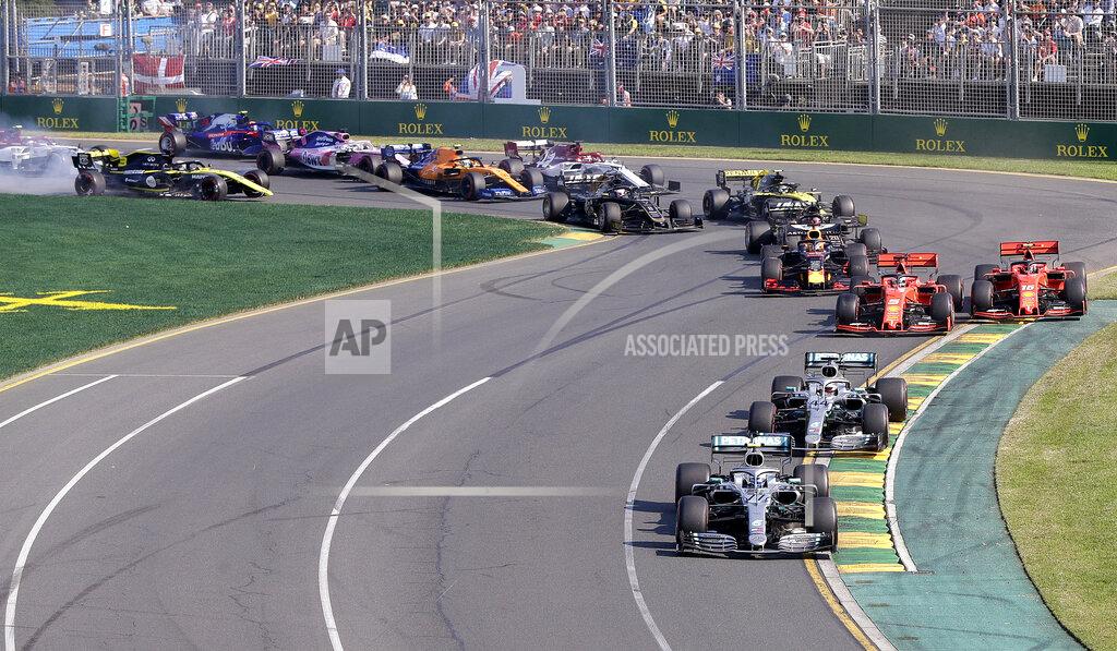 Mercedes driver Valtteri Bottas of Finland, bottom, leads the pack during the start of the Australian Formula 1 Grand Prix in Melbourne, Australia, Sunday, March 17, 2019. (AP Photo/Rick Rycroft)