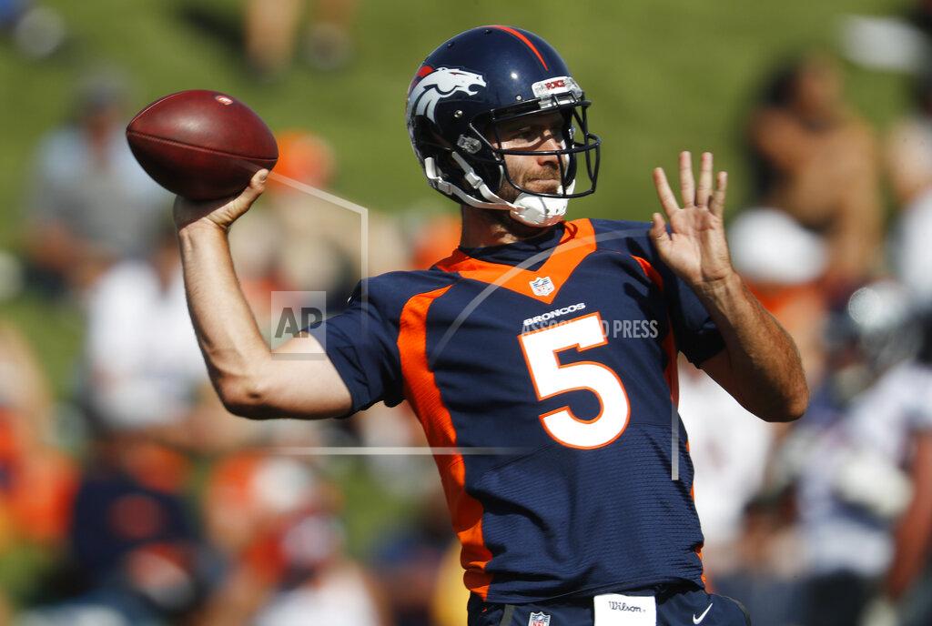 Denver Broncos quarterback Joe Flacco takes part in drills during the opening day of the team's NFL football training camp Thursday, July 18, 2019, in Englewood, Colo. (AP Photo/David Zalubowski)
