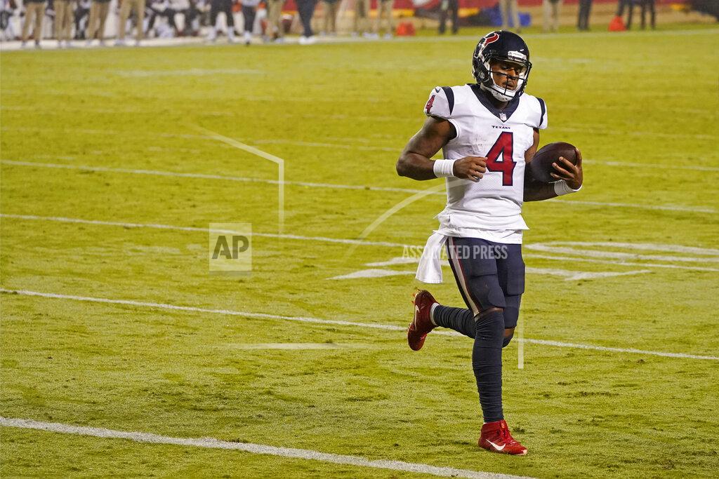 Charlie Riedel Houston Texans quarterback Deshaun Watson scores a touchdown on a 1-yard run against the Kansas City Chiefs in the second half of an NFL football game Thursday, Sept. 10, 2020, in Kansas City, Mo. (AP Photo/Charlie Riedel)