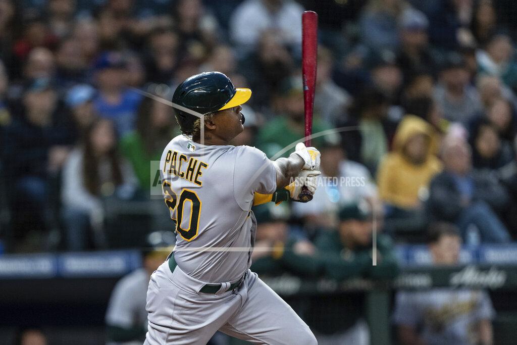 Stephen Brashear Oakland Athletics' Cristian Pache hits a two-run double off Seattle Mariners relief pitcher Penn Murfee during the sixth inning of a baseball game, Monday, May 23, 2022, in Seattle. The hit scored Athletics' Kevin Smith and Elvis Andrus. (AP Photo/Stephen Brashear)