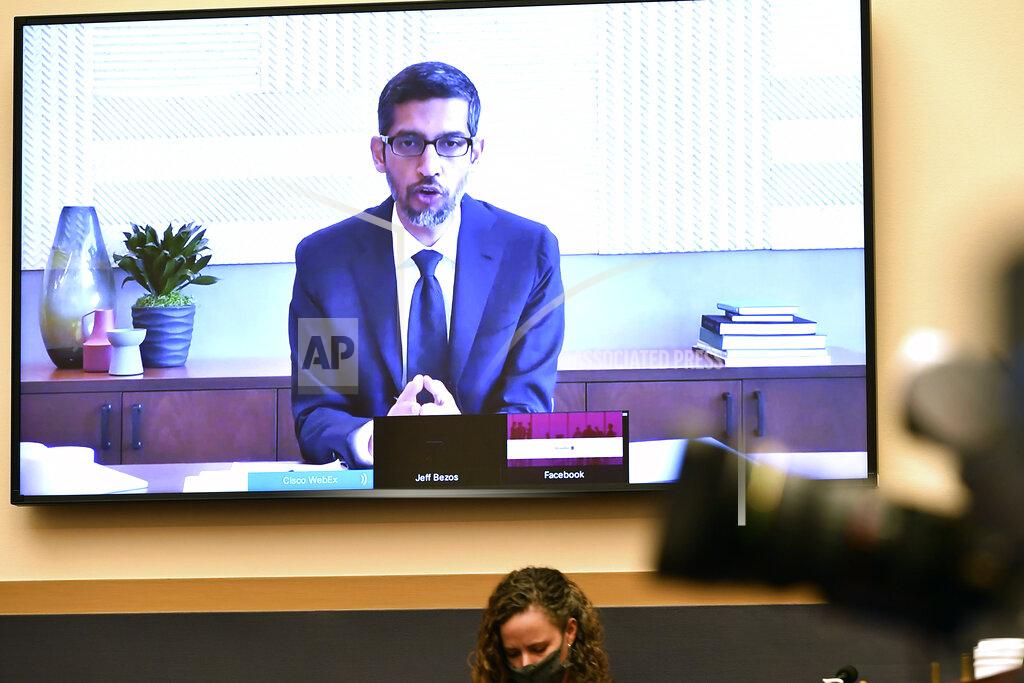Mandel Ngan Google CEO Sundar Pichai testifies remotely during a House Judiciary subcommittee hearing on antitrust on Capitol Hill on Wednesday, July 29, 2020, in Washington. (Mandel Ngan/Pool via AP)