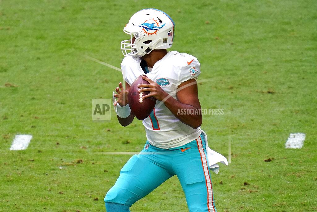 Ross D. Franklin Miami Dolphins quarterback Tua Tagovailoa (1) looks to pass against the Arizona Cardinals during the first half of an NFL football game, Sunday, Nov. 8, 2020, in Glendale, Ariz. (AP Photo/Ross D. Franklin)
