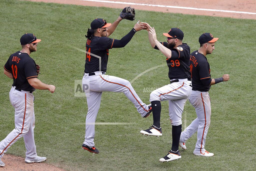 Steven Senne Baltimore Orioles' Rio Ruiz, center left, and Renato Nunez, center right, jump as they celebrate along with Chris Davis, left, and Jose Iglesias, right, following their win over the Boston Red Sox in a baseball game, Sunday, July 26, 2020, in Boston. (AP Photo/Steven Senne)