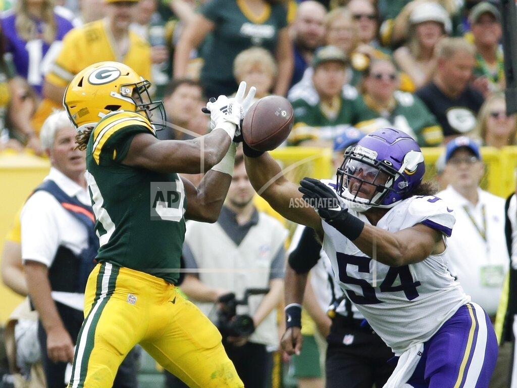 Mike Roemer Minnesota Vikings' Eric Kendricks breaks up a pass intended for Green Bay Packers' Aaron Jones during the second half of an NFL football game Sunday, Sept. 15, 2019, in Green Bay, Wis. The Packers won 21-16. (AP Photo/Mike Roemer)
