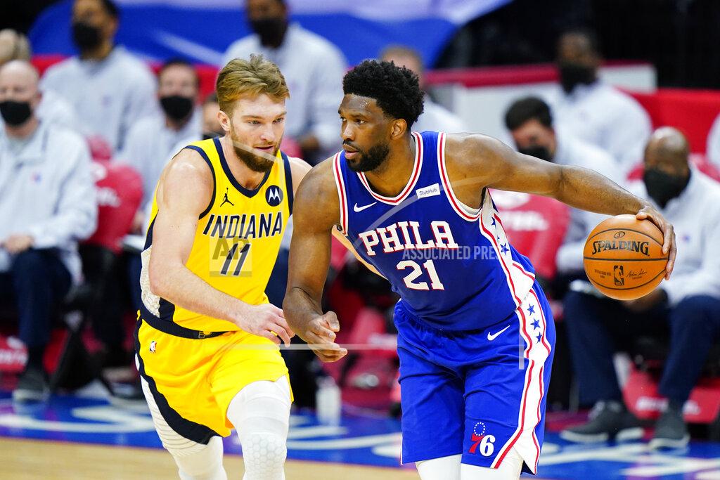 Matt Slocum Philadelphia 76ers' Joel Embiid (21) dribbles against Indiana Pacers' Domantas Sabonis (11) during the first half of an NBA basketball game, Monday, March 1, 2021, in Philadelphia. (AP Photo/Matt Slocum)
