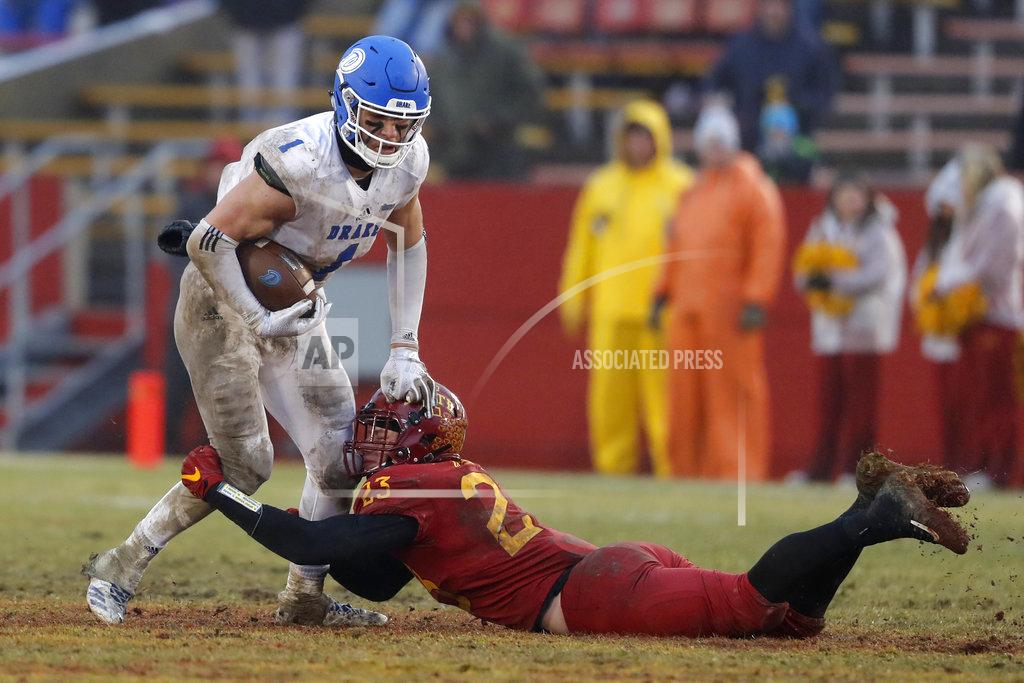 Charlie Neibergall Drake wide receiver Devin Cates (1) is tackled by Iowa State linebacker Mike Rose after making a reception during the second half of an NCAA college football game, Saturday, Dec. 1, 2018, in Ames, Iowa. Iowa State won 27-24. (AP Photo/Charlie Neibergall)