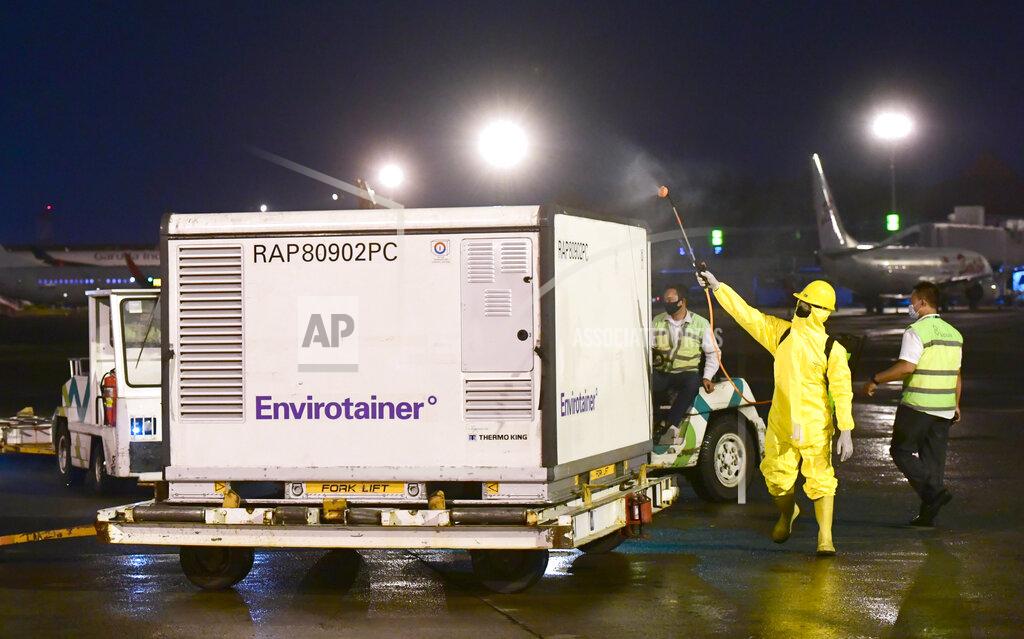 In this photo released by the Indonesian Presidential Palace, workers spray disinfectant over a container containing experimental coronavirus vaccines made by the Chinese company Sinovac, upon arrival at the Soekarno-Hatta International Airport in Tangerang, Indonesia, late Sunday, Dec. 6, 2020. Indonesia's government said more than a million doses of an experimental COVID-19 vaccine developed by China-based biopharmaceutical company Sinovac Biotech arrived in the country late Sunday and more are expected to arrive in early January. (Indonesian Presidential Palace via AP)