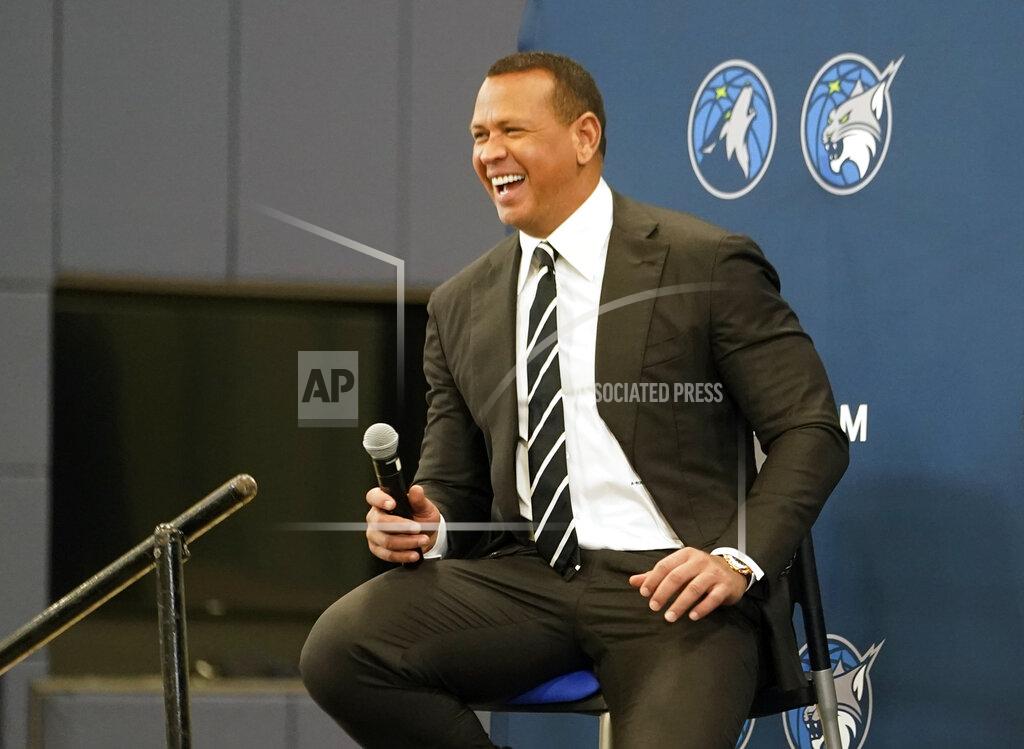 Jim Mone Baseball great Alex Rodriguez laughs during a press conference after Minnesota Timberwolves team owner Glen Taylor introduced Rodriguez and Marc Lore as the new ownership partners of the NBA Timberwolves basketball team, Monday, Sept. 27, 2021, in Minneapolis (AP Photo/Jim Mone)