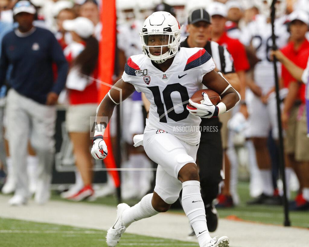 Marco Garcia Arizona wide receiver Jamarye Joiner runs down the sideline during the first quarter of the team's NCAA college football game against Hawaii on Saturday, Aug. 24, 2019, in Honolulu. (AP Photo/Marco Garcia)