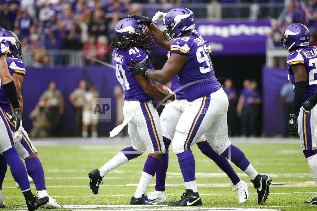 Bruce Kluckhohn Minnesota Vikings defensive back Anthony Harris (41) celebrates with teammate Shamar Stephen (93) after intercepting a pass during the first half of an NFL football game against the Atlanta Falcons, Sunday, Sept. 8, 2019, in Minneapolis. (AP Photo/Bruce Kluckhohn)