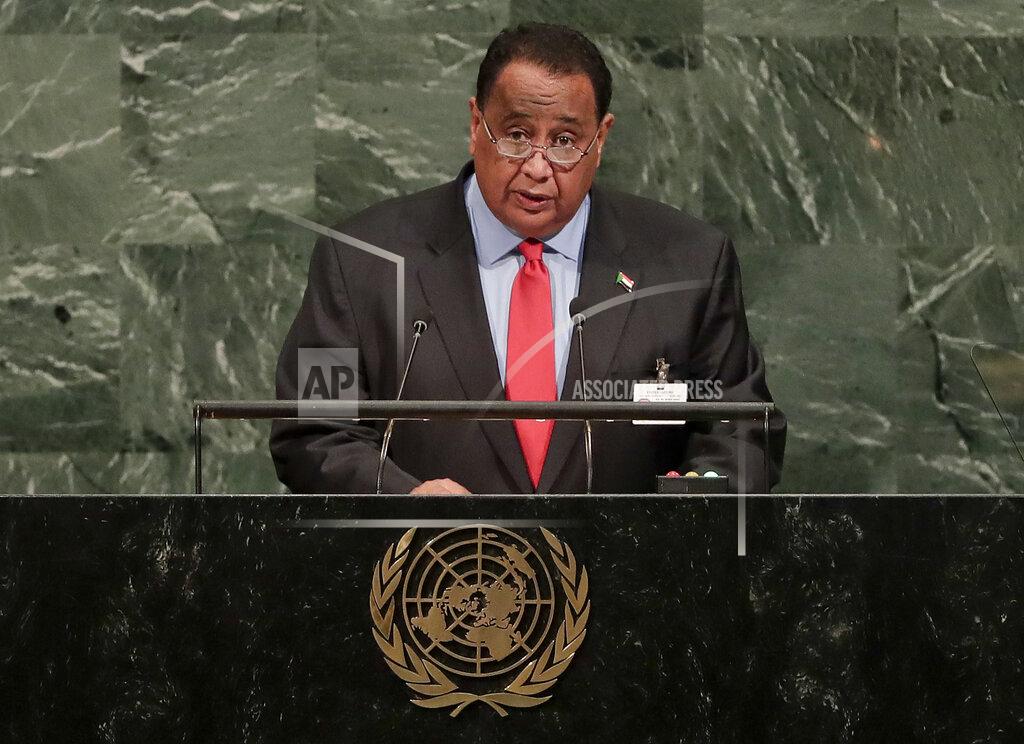 FILE - In this Sept. 23, 2017 file photo, then Sudanese Minister of Foreign Affairs Ibrahim Ghandour speaks during the 72nd session of the United Nations General Assembly, at U.N. headquarters. On Tuesday, June 30, 2020, Sudanese protesters returned to the streets to pressure transitional authorities, demanding justice for those killed in the uprising last year that led to the military’s ouster of longtime autocrat Omar al-Bashir. Ghandour, head of the now dissolved National Congress Party, was arrested Monday from his Khartoum home, the party said in a statement. (AP Photo/Julie Jacobson, File)