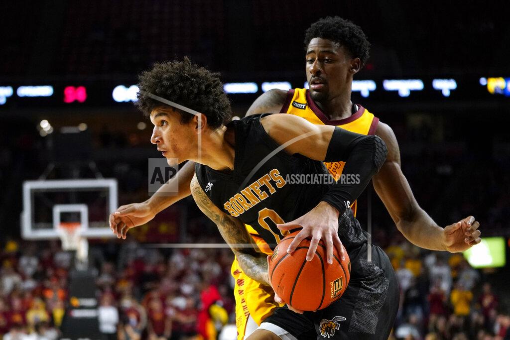 Charlie Neibergall Alabama State forward Trace Young (0) drives past Iowa State guard Izaiah Brockington, rear, during the second half of an NCAA college basketball game, Tuesday, Nov. 16, 2021, in Ames, Iowa. (AP Photo/Charlie Neibergall)