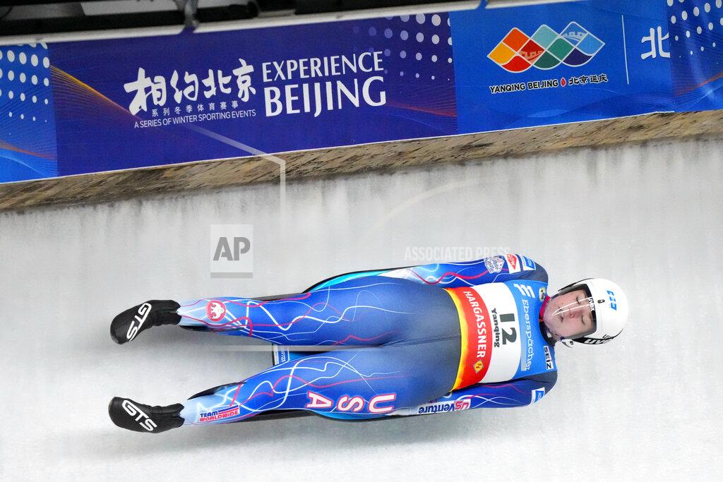 Mark Schiefelbein Ashley Farquharson of the United States competes during the women's race at the Luge World Cup, a test event for the 2022 Winter Olympics, at the Yanqing National Sliding Center in Beijing, Sunday, Nov. 21, 2021. (AP Photo/Mark Schiefelbein)