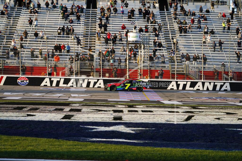 Brynn Anderson NASCAR driver Justin Allgaier crosses the finish line and wins a NASCAR Xfinity Series at Atlanta Motor Speedway on Saturday, March 20, 2021, in Hampton, Ga. (AP Photo/Brynn Anderson)