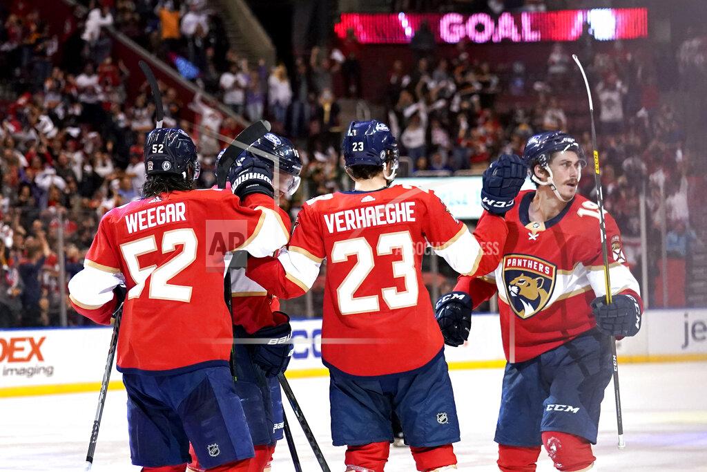 Lynne Sladky Florida Panthers left wing Mason Marchment (19) reacts after scoring a goal during the second period in Game 5 of an NHL hockey Stanley Cup first-round playoff series against the Tampa Bay Lightning, Monday, May 24, 2021, in Sunrise, Fla. (AP Photo/Lynne Sladky)