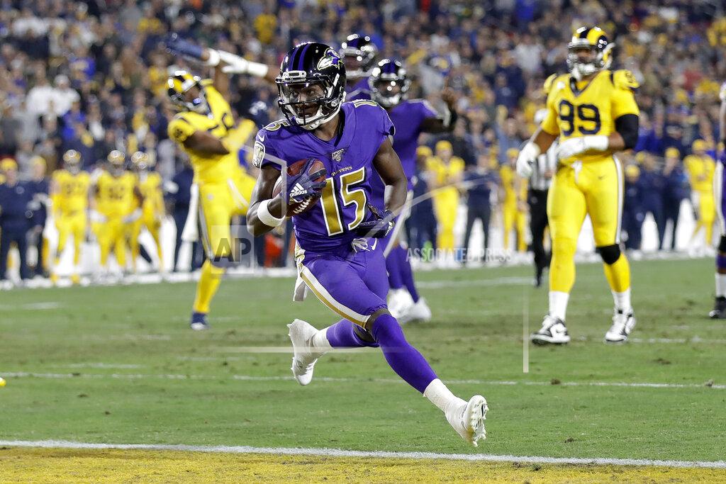 Marcio Jose Sanchez Baltimore Ravens wide receiver Marquise Brown scores against the Los Angeles Rams during the first half of an NFL football game Monday, Nov. 25, 2019, in Los Angeles. (AP Photo/Marcio Jose Sanchez)