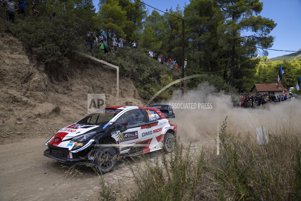 Petros Giannakouris Elfyn Evans and co-driver Martin Scott Great Britain in their Toyota Yaris WRC car compete in the WRC Acropolis Rally at the stage of Aghii Theodori, west of Athens, on Friday, Sept. 10, 2021. The World Rally Championship returned to Greece after an eight-year absence. (AP Photo/Petros Giannakouris)