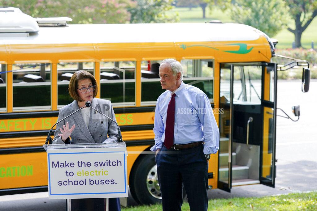 Patrick Semansky Sen. Catherine Cortez Masto, D-Nev., left, speaks alongside Sen. Tom Carper, D-Del., at a news conference to advocate for additional investments in zero-emission school buses on Capitol Hill in Washington, Tuesday, Sept. 14, 2021. (AP Photo/Patrick Semansky)