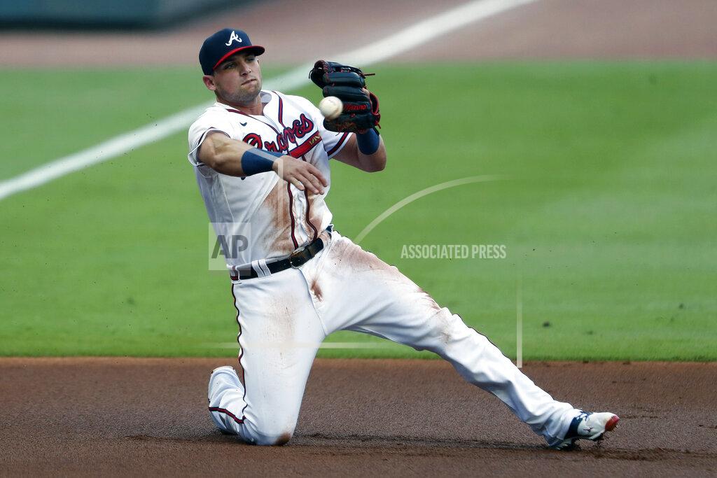 John Bazemore Atlanta Braves third baseman Austin Riley (27) throw to first after fielding a ball hit for a single by Toronto Blue Jays' Teoscar Hernandez in the first inning of a baseball game Tuesday, Aug. 4, 2020, in Atlanta. (AP Photo/John Bazemore)