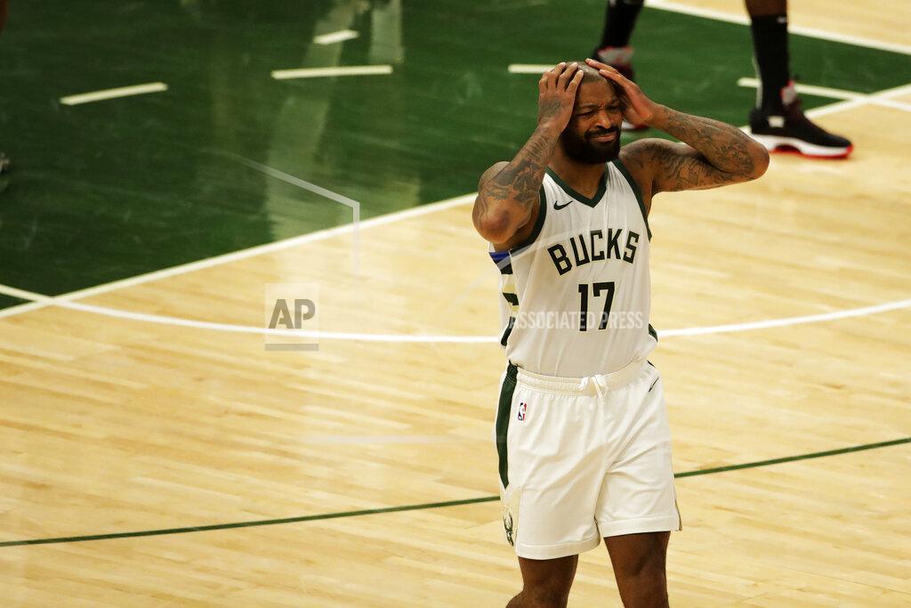 Aaron Gash Milwaukee Bucks' P.J. Tucker reacts to a call during the first half of an NBA basketball game against the Brooklyn Nets Tuesday, May 4, 2021, in Milwaukee. (AP Photo/Aaron Gash)