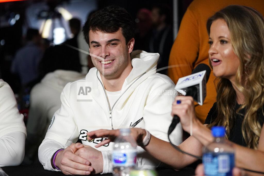 David J. Phillip Clemson safety Nolan Turner is interviewed during media day for NCAA College Football Playoff national championship game Saturday, Jan. 11, 2020, in New Orleans. Clemson is scheduled to play LSU on Monday. (AP Photo/David J. Phillip).