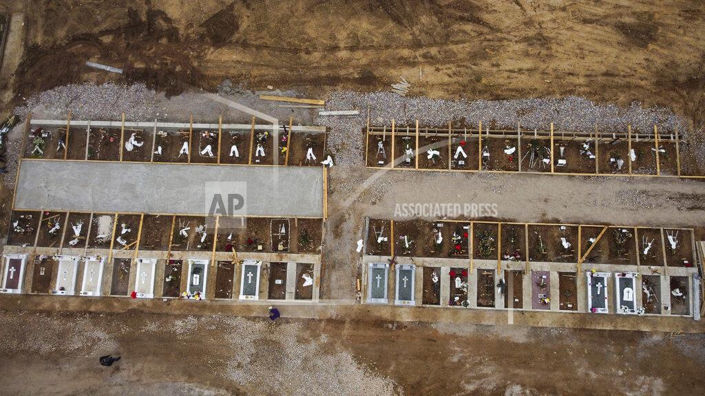 An aerial view of graves in a cemetery set up for victims of COVID-19, in the northern city of Thessaloniki, Greece, Saturday, Dec. 26, 2020. In Greece's second-largest city, Thessaloniki, victims of the pandemic are buried in quarantined sections of two cemeteries, angering many relatives already heartbroken that their loved ones died with no or little family contact. (AP Photo/Giannis Papanikos)