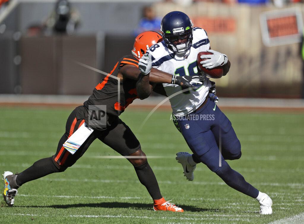 Ron Schwane Seattle Seahawks wide receiver Jaron Brown (18) rushes after a pass reception during the second half of an NFL football game against the Cleveland Browns, Sunday, Oct. 13, 2019, in Cleveland. (AP Photo/Ron Schwane)