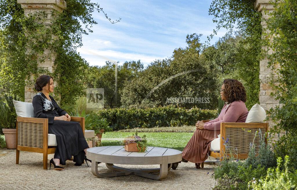 Joe Pugliese This image provided by Harpo Productions shows Meghan, The Duchess of Sussex, left, in conversation with Oprah Winfrey. (Joe Pugliese/Harpo Productions via AP)